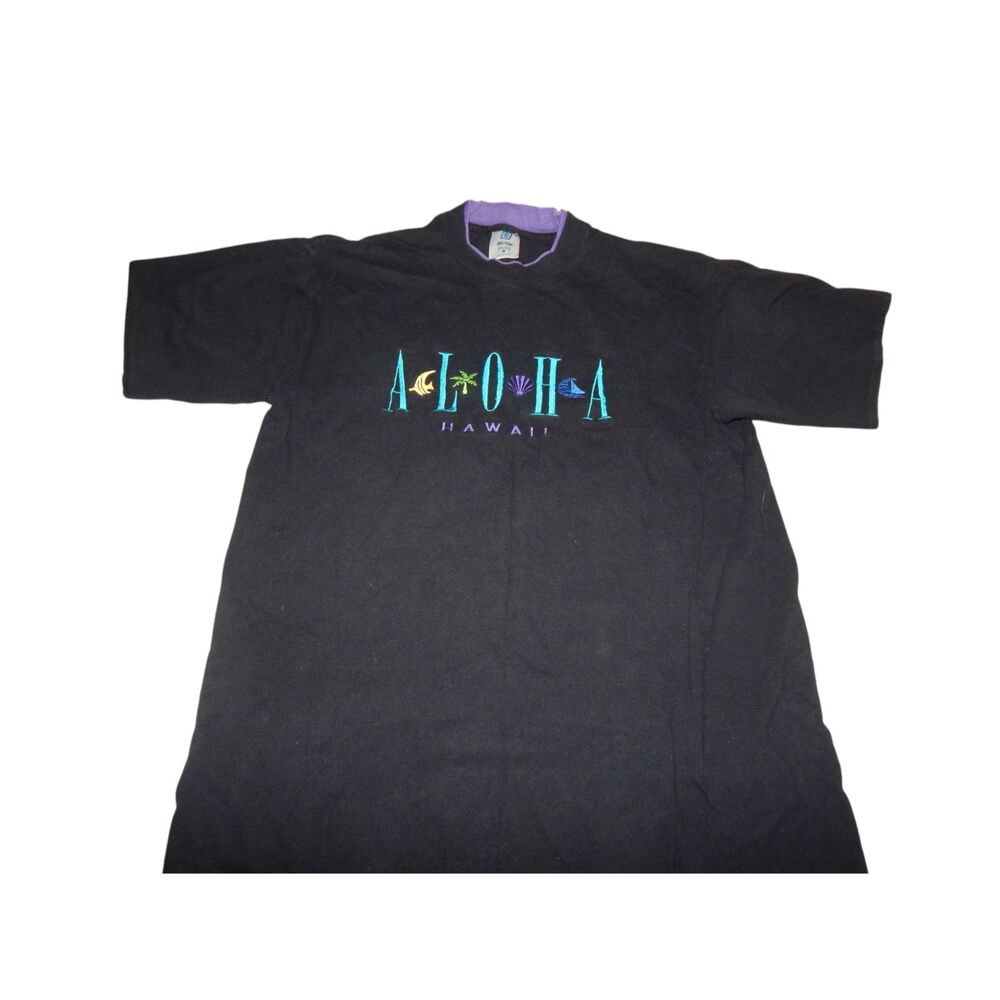 Vintage Belton Women's Medium Aloha Hawaii Embroidered Black Tee 100% Cotton